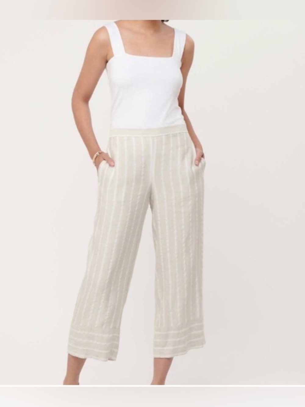 LOFT Beige & White Striped Cropped Wide-Leg Pants